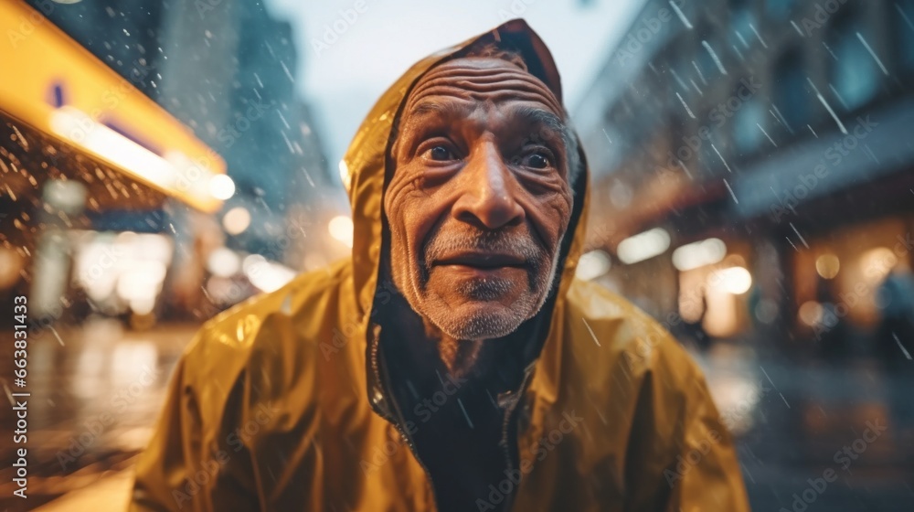 A joyful senior man embraces the rainy day in his raincoat.