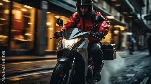 Delivery man on scooter driving in the city  motorcycle on the street. Young courier  delivery man in uniform with thermo backpack on a moped. Fast transport express home delivery. Online order.