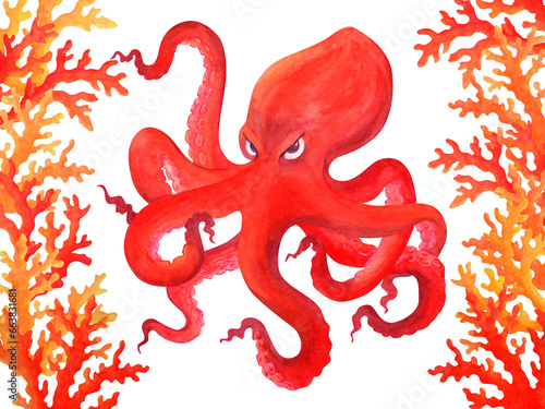 Red angry cartoon octopus between the corals. Isolated watercolor illustration. Clipart