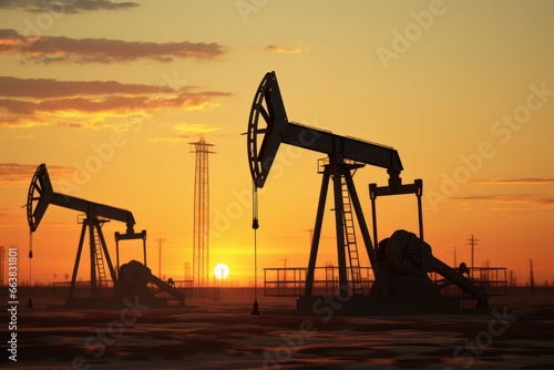 oil rigs oil pump energy industrial machine for petroleum in the middle of the desert on the silhouette background.