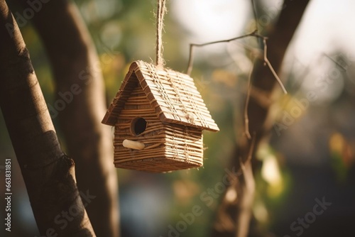 Print op canvas Handmade birdhouse hanging on a tree with a blurred background