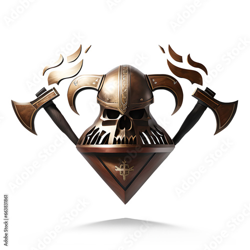 Fototapeta Copper viking helmet with two axes and a skull, concept fantasy art, 3D logo mad
