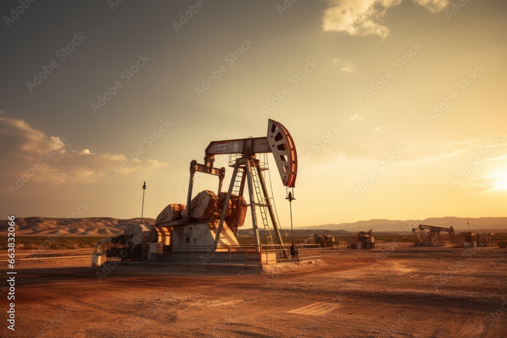 oil rigs oil pump energy industrial machine for petroleum in the middle of the desert on the sunset background.