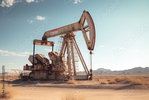 oil rigs oil pump energy industrial machine for petroleum in the middle of the desert on the blue sky background.
