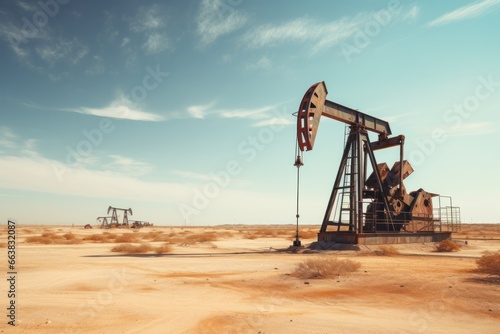 oil rigs oil pump energy industrial machine for petroleum in the middle of the desert on the blue sky background. photo