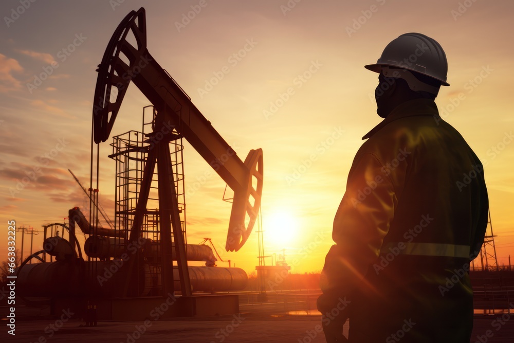 backside view Engineers look at oil rigs on the sunset background. backside view Engineers look at oil rigs on the sunset background.