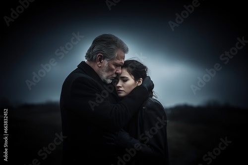 Dramatic portrait of a father and daughter, hugging on funeral concept.