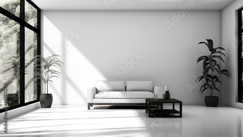 Spacious white and black living room interior with minimalist furniture in a tranquil atmosphere