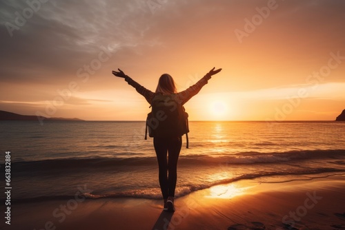 Silhouette of young woman with backpack standing on the beach at sunset