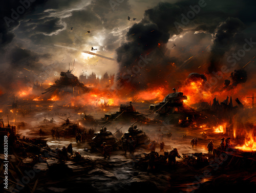 Battlefield with fire and explosions and tanks with clouds of smoke