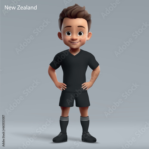 3d cartoon cute young rugby player in New Zealand national team kit