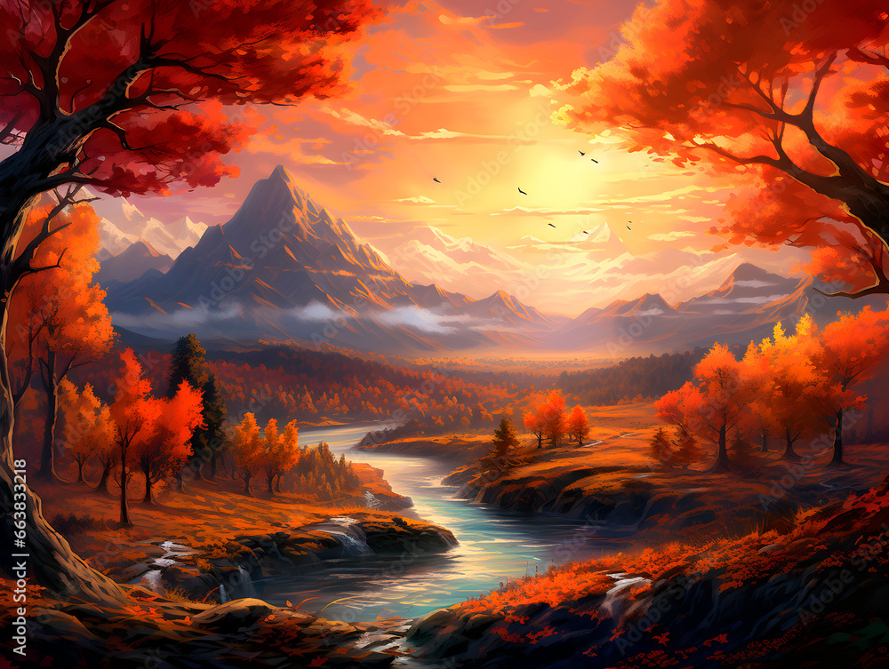 Beautiful autumn landscape with orange leaves and beeming sun