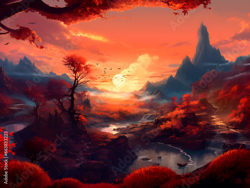 Beautiful autumn landscape with orange leaves and beeming sun