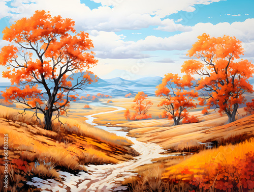 Beautiful autumn landscape with orange leaves and beeming sun