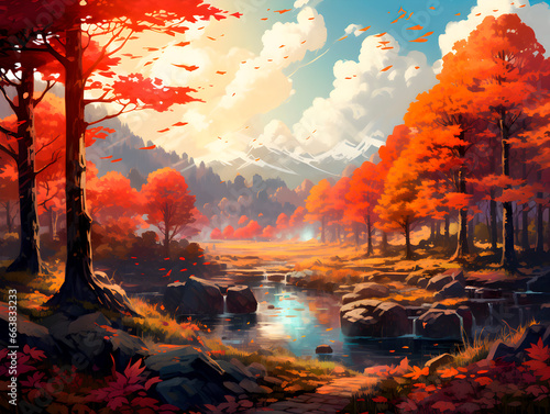 Beautiful autumn landscape with orange leaves and beeming sun