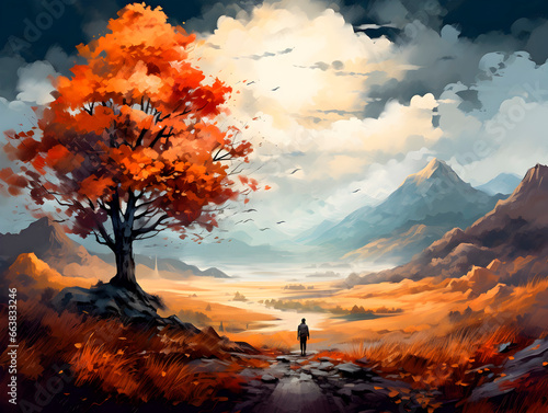 Beautiful autumn landscape with orange leaves and beeming sun