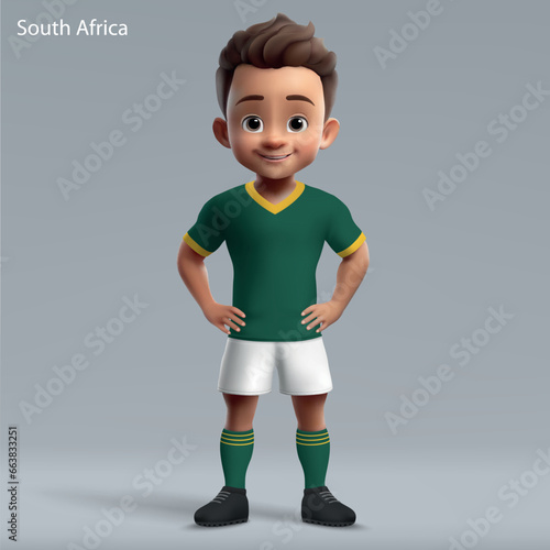 3d cartoon cute young rugby player in South Africa national team kit