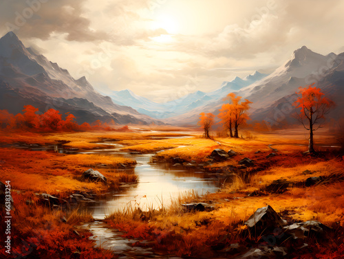 Beautiful autumn landscape with orange leaves and beeming sun