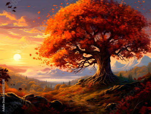 Beautiful autumn landscape with orange leaves and beeming sun