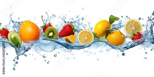 fruit with blue water splashes on white background