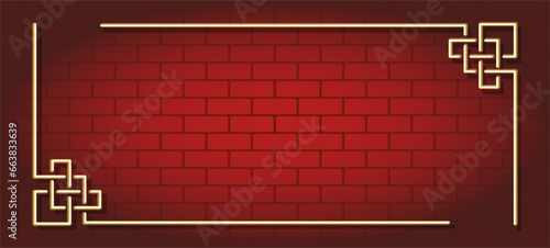 Neon yellow frame with shadow on red brick wall background background. Chinese New Year illustration. Vector illustration.