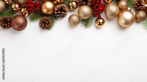 Christmas decorations. White background  space for text.