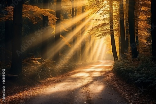 Capturing Autumn's Beauty: Forest Road with Sunbeams and Yellow Leaves - High Quality Photo