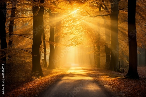 Capturing Autumn s Beauty  Forest Road with Sunbeams and Yellow Leaves - High Quality Photo