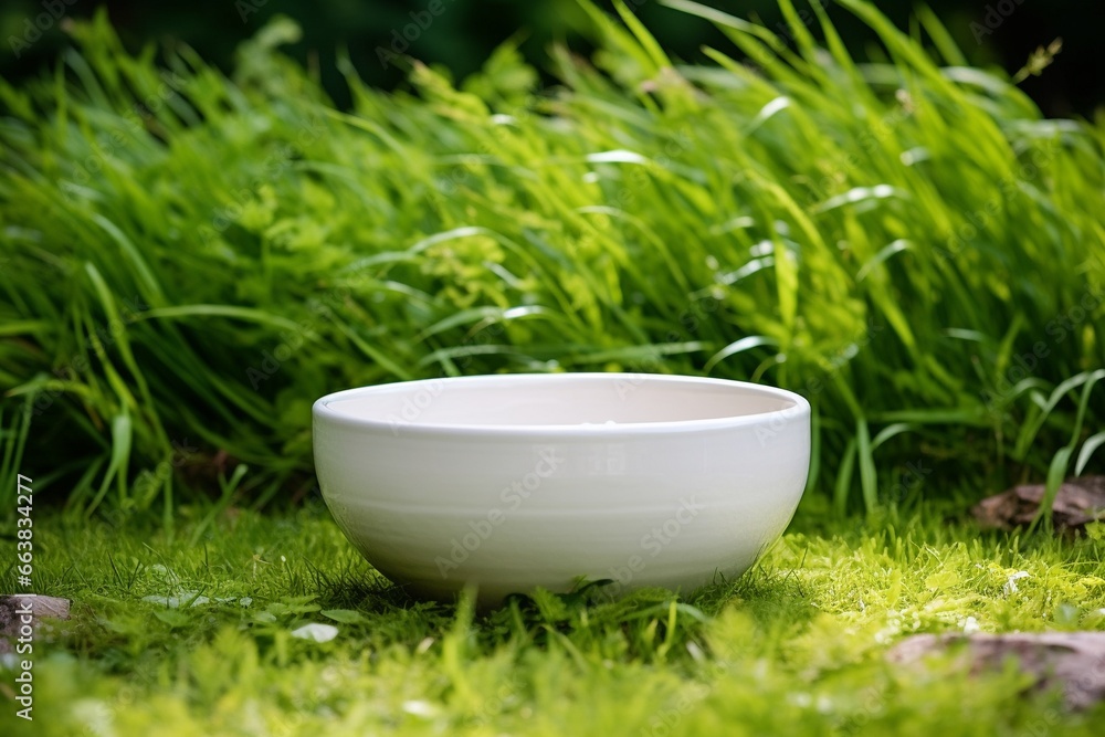 White Ceramic Bowl Placed on Lush Green Garden Grass - High Quality Photo White Ceramic Bowl Placed on Lush Green Garden Grass - High Quality Photo
