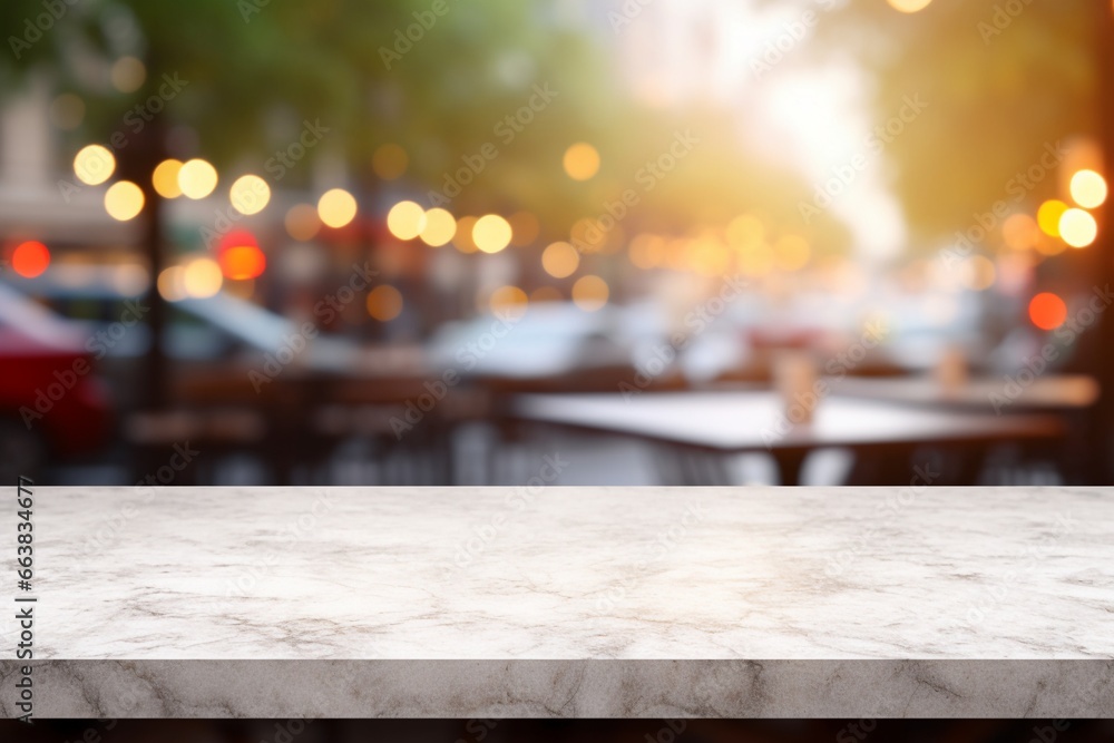 Empty Wooden Table with Blurred Car Background and Bokeh Light: High Quality Photo