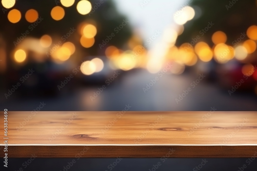 Empty Wooden Table with Blurred Car Background and Bokeh Light: High Quality Photo Empty Wooden Table with Blurred Car Background and Bokeh Light: High Quality Photo