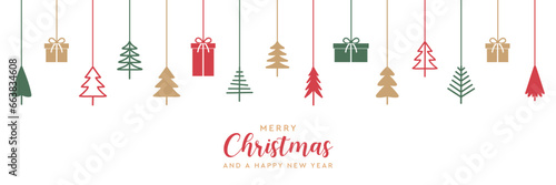 hanging christmas tree and gift decoration greeting card vector illustration