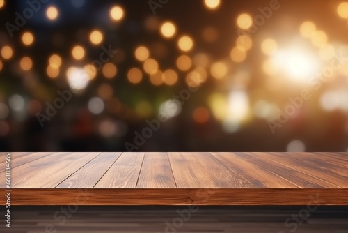 Empty Wooden Table with Blurred Car Background and Bokeh Light: High Quality Photo