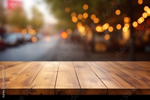 Empty Wooden Table with Blurred Car Background and Bokeh Light: High Quality Photo © pierre