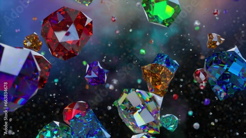 A mesmerizing array of floating multicolored gemstones illuminates against a dark, bokeh-filled background, each crystal reflecting and refracting a spectrum of vivid colors. 3D animation. photo