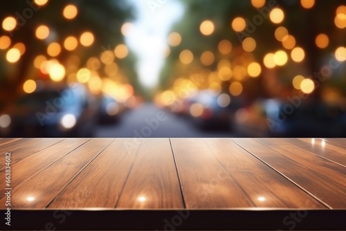 Empty Wooden Table with Blurred Car Background and Bokeh Light  High Quality Photo