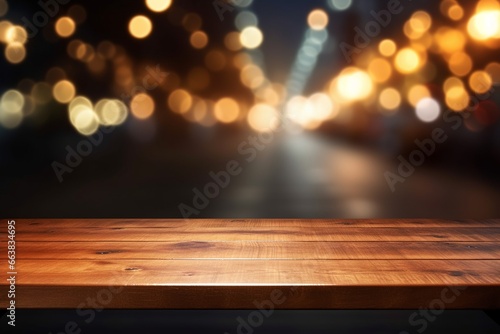 Empty Wooden Table with Blurred Car Background and Bokeh Light: High Quality Photo photo