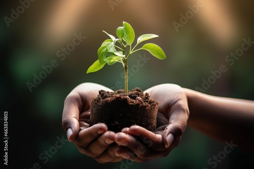 same for Human hand holding a green plant sprout on a blurred bokeh background 