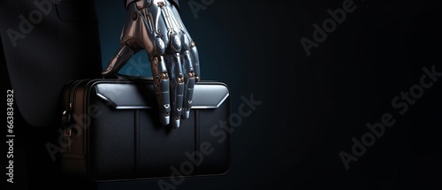 Artificial Intelligence Concept: Humanoid AI Robot Hand Holding a Briefcase Against Dark Background
