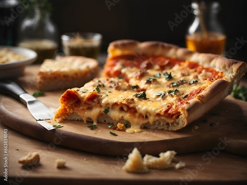 A gooey, cheesy slice of pizza, with a side of garlic bread.