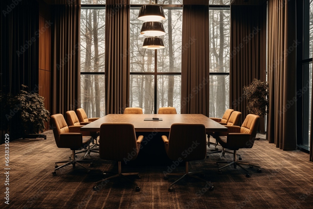 Contemporary Meeting Space: Wooden Conference Table in Modern Room with Brown Walls and Carpet Flooring