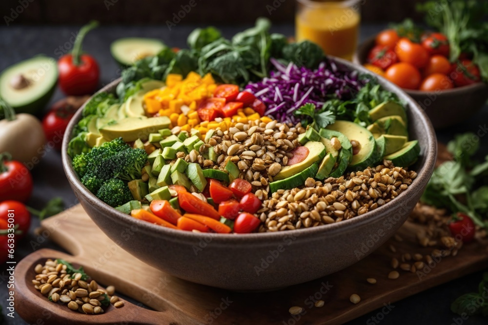 A vegan Buddha bowl filled with a variety of fresh vegetables, and grains.