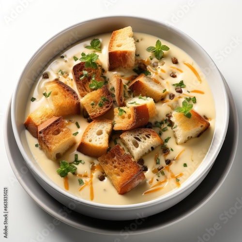A bowl of potato soup with croutons and cheese.