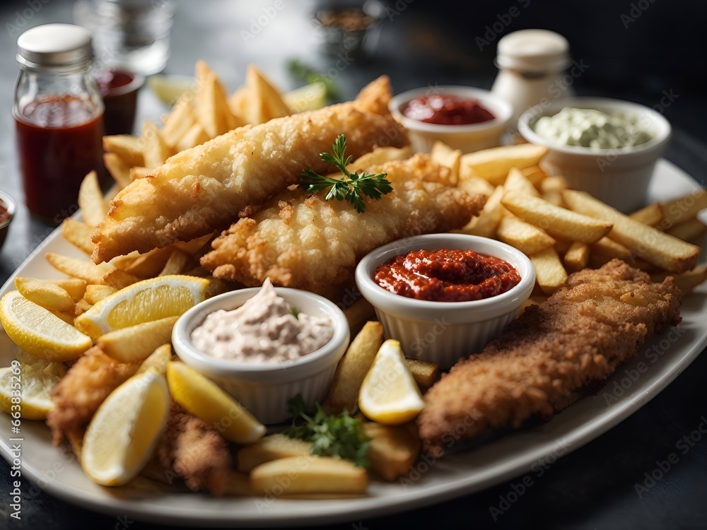 A  fish and chips platter, with a variety of condiments and sauces.