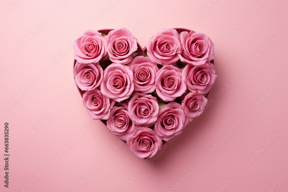 Heart-shaped Box of Pink Roses on Pink Background, Top View Heart-shaped Box of Pink Roses on Pink Background, Top View