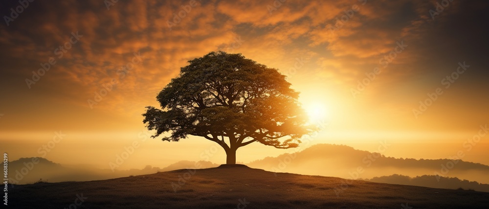 Sunset Silhouette: Tree with Radiant Sun Rays