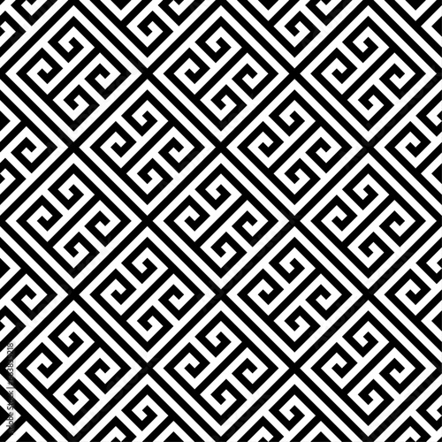 Greek key seamless pattern background, in black and white color, vector illustration.