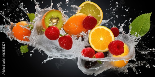 various kinds of fresh fruit with water splash on black background