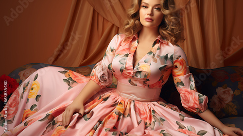 Plus-Size Model in Floral Skirt on Pastel Rose Studio Background