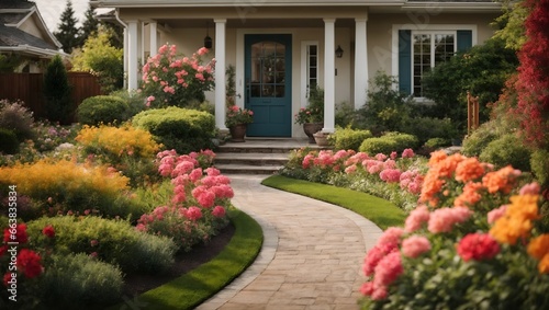 A well-designed pathway leading to the front entrance of a suburban home.